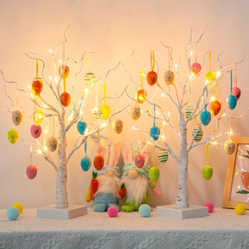 Eambrite Set of 2 Easter Tree with Colourful Egg Decorations, Birch Twig Tree with Lights Battery USB Powered, Easter Table Decorations Home Gifts (24 LEDs, 36 Eggs)