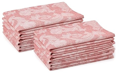 Encasa XO Jacquard Stoffservietten Baumwolle 45x45 cm Red | 2-Ton Chambray Baumwolle | Elegantes Jacquard Blumenmuster | Farbecht & Strapazierfähig | Waschbar | Set von 12