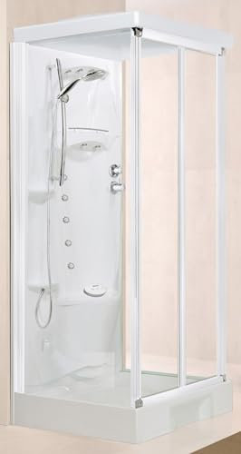 Novellini New Holiday S2F Hammam 100 x 80 cm Cabine de douche multifonction ouverture soufflet montage mural mitigeur mécanique verre transparent profil blanc hydromassage sauna tige haute 225,5 cm