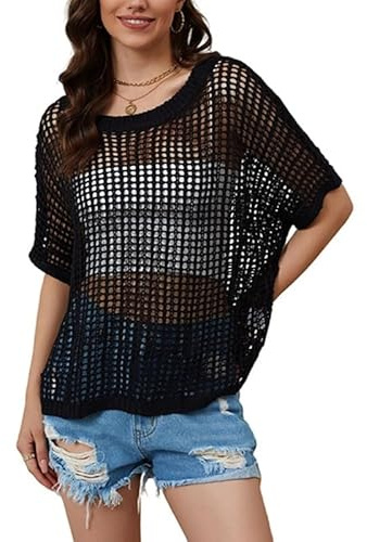 Jiqoe Maglia da donna estiva casual traforata a maglia trasparente a maniche corte girocollo pullover maglione top a rete copertura, Nero , S/XL