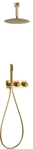 MICE Thermostatisches Duschset mit Wandbrause - Thermostatische Badarmatur - Unterputz-Duschset - Design-Duschen (gebürstetes Gold)