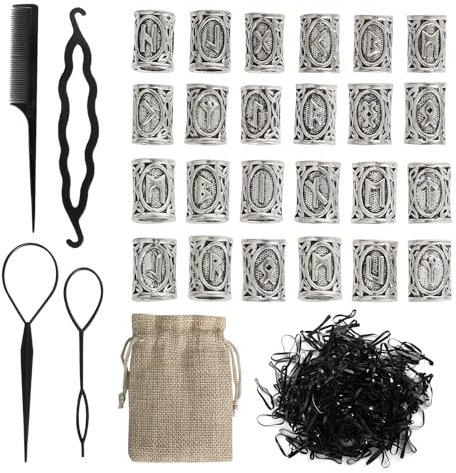 Lot de 24 perles de barbe Viking Rune avec 400 élastiques noirs - Pour cheveux nordiques - Pour bijoux, pendentifs, colliers