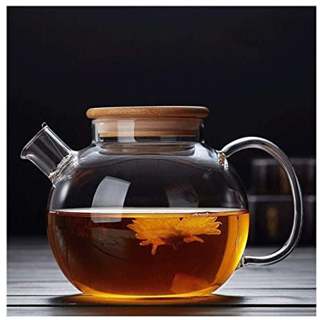 TJLVYCNB Théière Bouilloire Couvercle en Bois Pot en Verre Épaissi Pot Rond Théière À Fleurs Petite Bouilloire Théière Chaleur- Bouilloire en Verre Tasse À Thé Théière