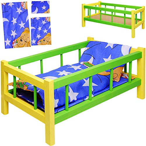 alles-meine.de GmbH Holz Puppenbett - 43 cm lang - mit Bettwäsche - Jungen & Mädchen Farben - für große & kleine Puppen - Matratze Decke & Kopfkissen - Kinderbett Baby - Puppe - ..