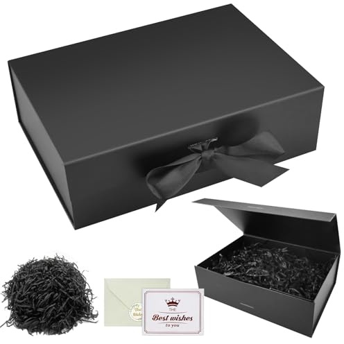 Black Gift Box with Lids, Magnetic Gift Box Luxury Present Box with Cards Envelopes Confetti Presentation Box Flat Pack Gift Boxes for Birthday Wedding, 22 * 16.5 * 8.8 cm