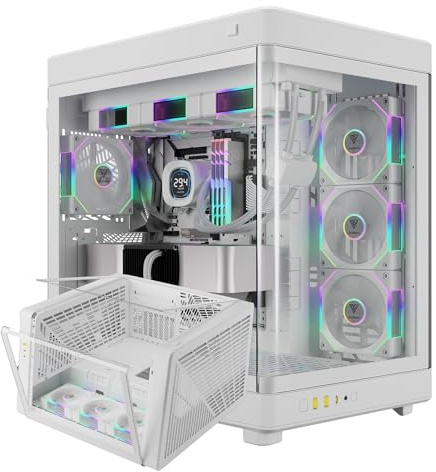 GAMDIAS NESO P1 PRO Gaming EATX Full Tower Computer PC Case, Dual Chamber, 2 Way Setup, Panoramic Display Side Tempered Glass, Touch-open Swing Door, Spacious Cable Management, 3x P2 Fan w/Hub, White