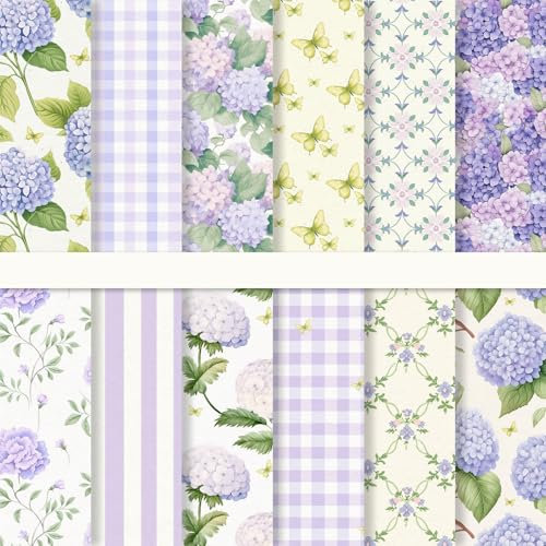JarThenaAMCS Lot de 24 feuilles de papier à motif hortensia violet double face pour loisirs créatifs, fabrication de cartes, album photo, décoration, 15,2 x 15,2 cm