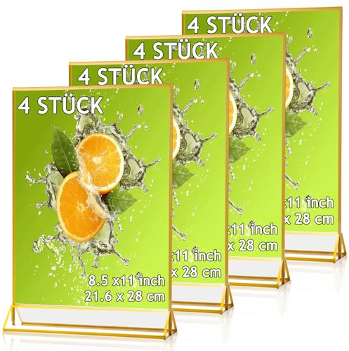 EOGRFW 4 Stück Acryl Schilderhalter Mit Goldrand, Tischaufsteller A4 | Bilderrahmen Mit Goldenen Rändern and Vertikalem Ständer, Doppelseitige Bilderrahmen für Hochzeitstischnummern and Restaurant