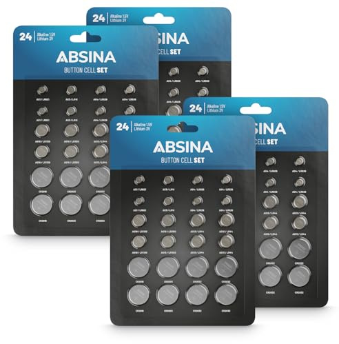 ABSINA 96er Pack Alkaline & Lithium Knopfzellen - Knopfzelle Sortiment | Je 8 AG1 LR621, AG3 LR41, CR2016, CR2025 / Je 16 AG4 LR66, AG10 LR1130, AG13 LR44, CR2032 - 1,5V & 3V Knopfbatterien