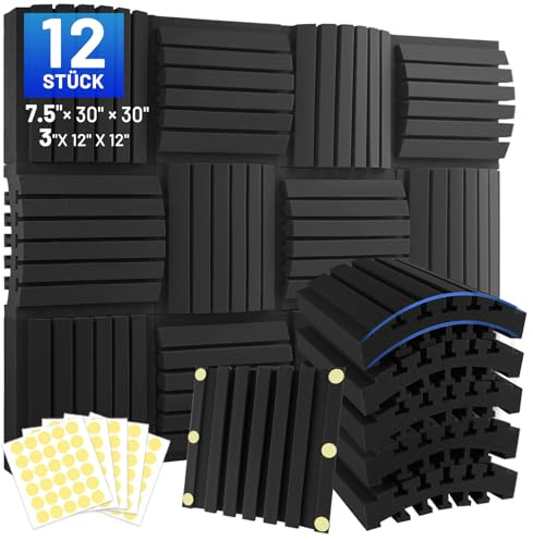 12 Stück Akustikschaumstoff Schallschutzplatten, 7.5 X 30 X 30 CM (3 X 12 X 12), Schalldämmung Selbstklebend, Akustikplatten, Schallschutz Acoustic Panel, Umfassen 90pcs Doppelseitigen Klebepads