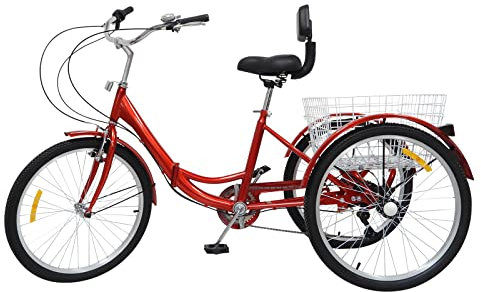 24 Zoll Dreiräder Für Erwachsene, Faltbares Dreirad, 7 Einstellbare Geschwindigkeit, Dreirad Für Erwachsene, Mit Rückenlehne, Klappbares Dreirad Fahrrad Cruise Bikes, Dreirad Mit Einkaufskorb, Rot