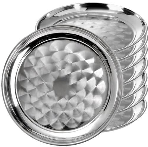 CEZOOWYEX 8 Pack Stainless Steel Round Serving Tray, 12 Inch Silver Oven Baking Tray, Dishwasher Safe Sturdy Metal Display Tray for Coffee Table, Bar, Party, Club, Home, Ottoman