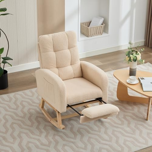 Merax Schaukelstuhl mit Fußstütze & Armlehnen, Relaxsessel Schaukelsessel mit Hoher Rückenlehne & Holzkufen, Bequem Lesesessel Schwingsessel Holz für Wohnzimmer Schlafzimmer, Bouclé-Stoff, Beige