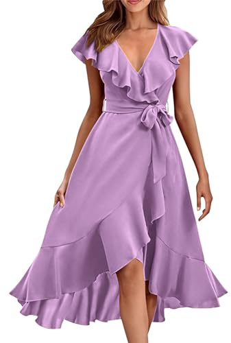Robe longue en mousseline pour femme, robe d'été de plage, coupe A, avec col en V, en mousseline, été, avec volant, légère, uni, pour les loisirs avec ceinture, lilas, L