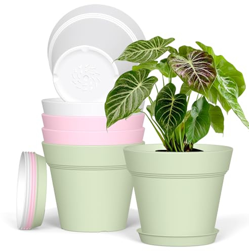 Homeuouz Plastic Plant Pots Indoor Outdoor, 6 Pack 7Inch/17.7CM Plant Pots Flower Pot with Drainage Holes and Tray,Modern Decorative Planter Pot for All House Plants(Colorful)