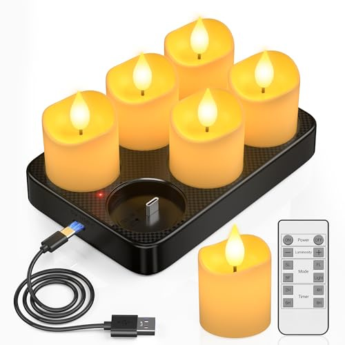 PChero Velas de té recargables con estación de carga, paquete de 6 velas LED parpadeantes sin llama con control remoto y temporizador, velas eléctricas para el hogar, boda, Navidad, Halloween