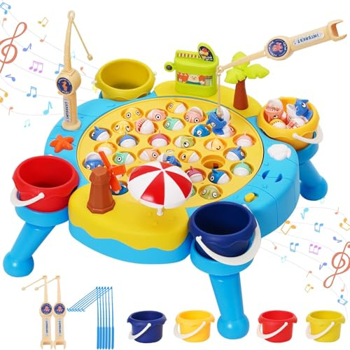 Juego de Pesca para Niños,Juego de Pesca Magnético,con Música, Patas de Mesa Desmontables y Cubo de Pesca,con 45 Peces y 8 Tiras de Caña de Pescar Juguetes,Apto para Niños y Niñas a Partir de 3 Años