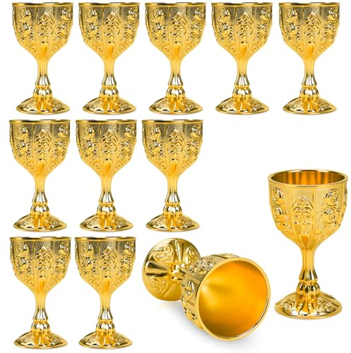 Eforcase 12Pcs Mini Chalice Goblet Gold Copper Wine Small Cup Medieval Vintage Goblet, Copper Metal Toasting Wine Chalice Flower Embossed Shot Glasses Cup for Communion Altar Drinking