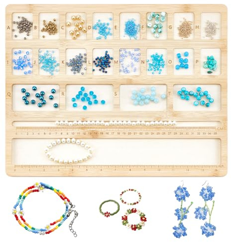 peacoblue Holzperlen-Sortierfach Perlenbrett mit 22 Fächern Perlenbretter zur Schmuckherstellung Samtgefüttertes Schmuckdesign-Tablett mit Lineal für Armbandherstellung und Bastelprojekte