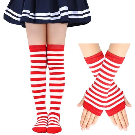 EQLEF Fancy Kniestrümpfe Mädchen 6-12 Jahre, Stulpen Mädchen mit Langen Fingerlosen Handschuhen Mädchen Kostüm Oberschenkel Hohe Socken für Weihnachten Halloween Karneval Themenparty (Rot und Weiß)