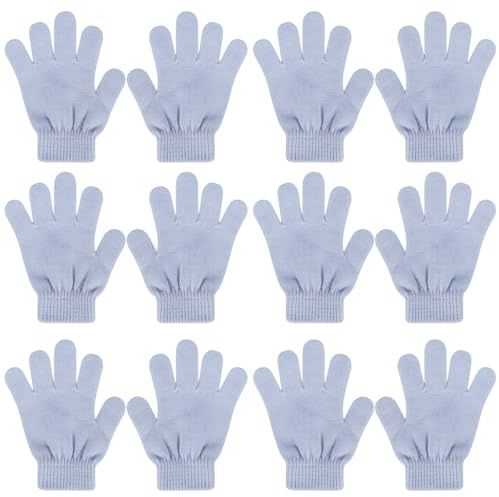 QKURT 6 st magiska stretchhandskar, fullfingerade vinter stickade magiska stretch varma handskar för barn 5~13 år gamla, flickor och pojkar, Blå grå, en storlek