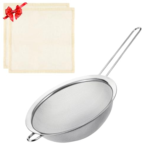 Tonbbow Fine Mesh Strainer, 7.9 Inch Stainless Steel Strainers with Handle, Bonus 20x20 Inch Reusable Unbleached Cotton Cheese Cloths with 4 Hemmed Edges, Sieve Sifter for Straining, Cooking, Baking