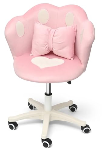 IRON JF Schminktisch Stuhl aus Samt mit Rollen，Bürostuhl Ergonomisch,Höhenverstellbarer Drehstuhl für Schlafzimmer/Homeoffice(Pink)