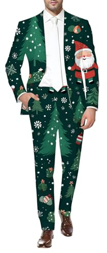 Foweknow Herren Weihnachtsanzug Hässliche Weihnachtskostüm 2 Teilig Ugly Christmas Freizeitanzug Weihnachtsmotiv Herrenanzug Bequeme Sakko Hosen Anzug Set Slim Fit Gedruckt Hochzeitsanzug