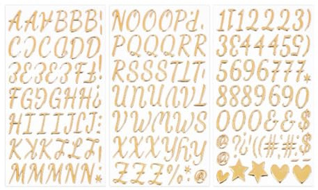 ZORVYN 3 Bögen Buchstaben Buchstaben Aufkleber Sticker zum Beschriften, Basteln und Dekorieren (Gold)