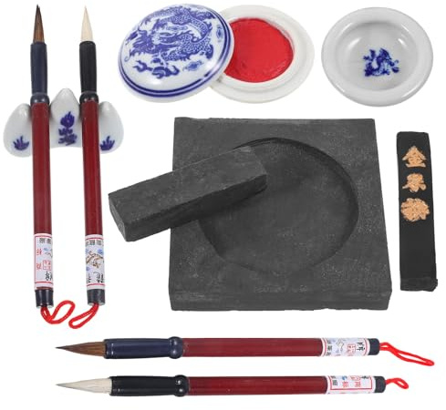 FIXOSHEE Set de Caligrafía China para Principiantes Kit Completo Pinceles de Tinta Tinta Sólida y Tintero Cuadrado Adecuado para Pintura Sumi y Escritura Kanji Fácil de Usar y