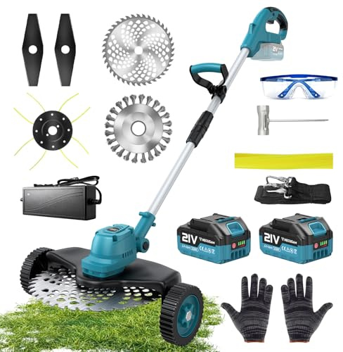 Coupe Bordure sans Fil avec Batterie, Moteur Sans Balais, DéBroussailleuse électrique sans Fil-Bordures à Roues équipé de 4 Types de Lames et de 2 Batteries de 4,0 Ah,Longueur RéGlable, Pour le Jardin