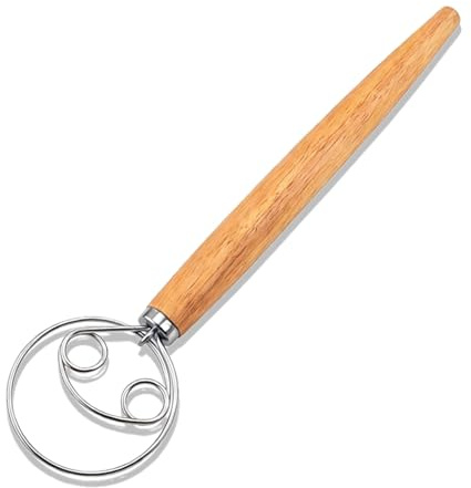Danish Dough Whisk Stainless Steel Double-Ring Bread Dough Whisk Hand Egg Beater Mixer with Wooden Handle Traditional Dutch Whisk for Bread Pastry Pizza and Sourdough