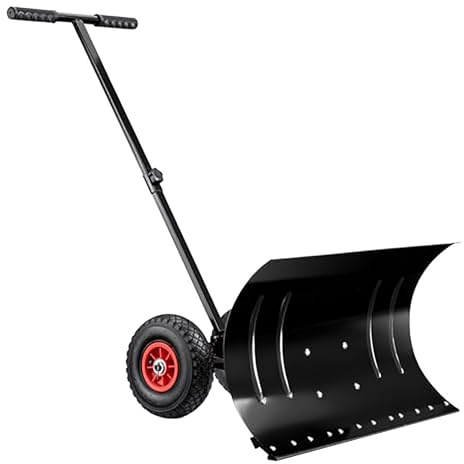 Kraftig rullande snöplog, snöspade i metall, 74 × 42 cm brett blad med halkfria pneumatiska hjul, manuell snöpusher för uppfarter, trottoarer, stora gårdar och vinterträdgårdsunderhåll