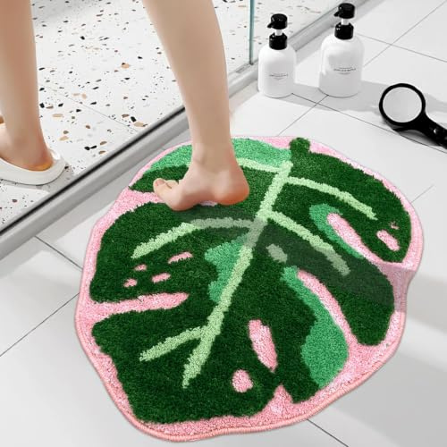 Dermalyx Monstera Blatt Alfombra De Baño, Esterilla Antideslizante para Baño, Tapete De Felpa con Diseño De Hoja De Palma, Lavable A Máquina, Alfombrilla Verde Y Rosa, 53