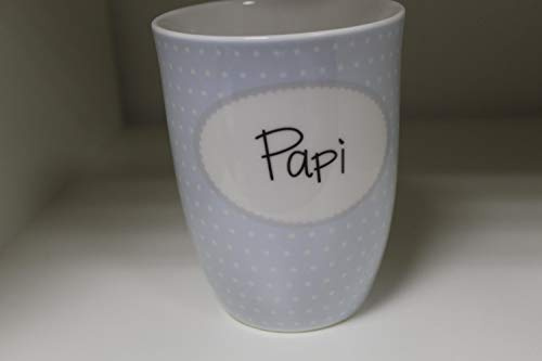 MEA LIVING Henkelbecher 500 ml Spruch PAPI Kaffee Tasse Becher weiss blau Punkte