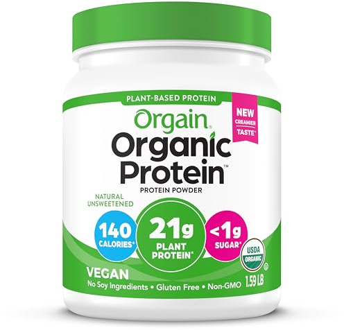 Orgain Organic Vegan Protein Powder, Natural Unsweetened - 21g of Unflavored Plant Protein, 4g Prebiotic Fiber, Low Net Carbs, No Added Sugar, Non-GMO, For Shakes & Recipes, 1.59 lb