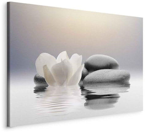 B&D XXL - Wandbilder XXL Weiße Lilie 90x60 cm 1 tlg Wand Deko Leinwand Bilder Groß Wanddeko Wohnzimmer Schlafzimmer Kunstdrucke - Blumen Steine Spa Wellness Steine Orient Zen b-B-0095-b-a