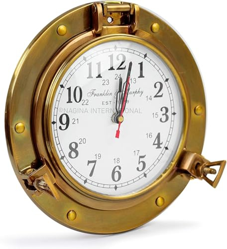 Nagina International 9 Antique Brass Premium Nautical Wall Decor Vintage Time's Clock | Pirate's Porthole Decorative Clock (Franklin & Murphy's Vintage Dial)