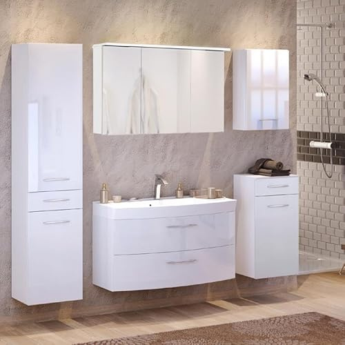 Lomadox Komplett Badezimmer Set Hochglanz weiß Waschtisch & Auszügen B/H/T: 210/200/47cm