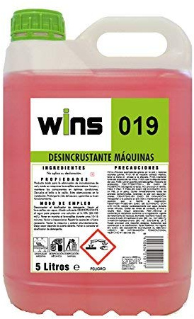 Caja 4 botellas WINS 019 Desincrustante Máquinas Envase 5 L. Producto ácido para la eliminación de incrustaciones de cal y óxido en máquinas lavavajillas automáticos. Devuelve el brillo a la vajilla
