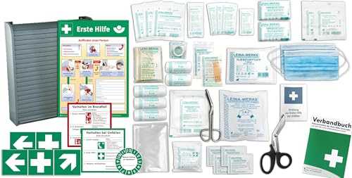 Erste Hilfe Schrank-Medizinschrank-Verbandschrank (420x100x480) -Komplettpaket- Füllung nach AKTUELLER DIN/EN 13157 (Betriebe) + viele Extras INKL. Verbandbuch + Aushang + Folienaufkleber (silber)