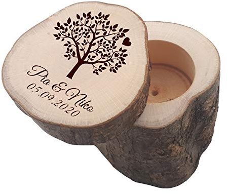 SNEG Ringkissen/Ringbox aus Holz mit Schiebedeckel + persönlicher Gravur | Hochzeit | Schatulle | Etui für Eheringe (Motiv 02 - Baum)