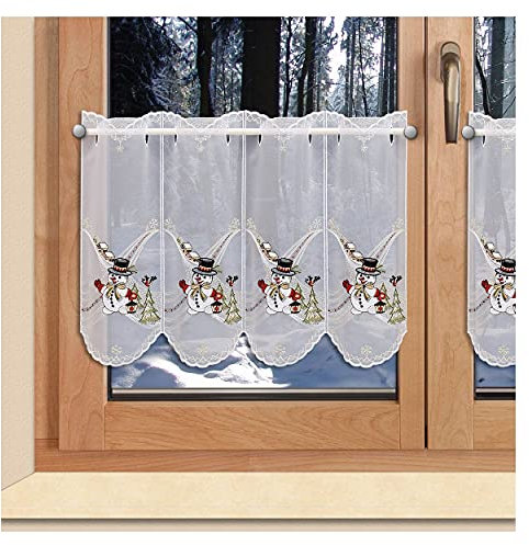 Bestickte Scheibengardine Fröhlicher Schneemann mit Vögelchen Winter- und Weihnachtsdeko aus Plauener Spitze 40 x 48 cm