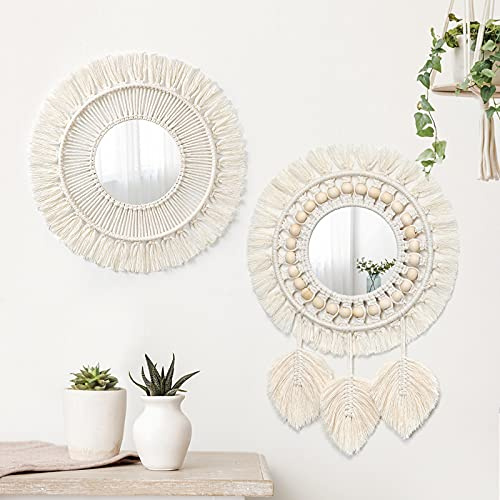 Betylifoy 2 Pièces en Macramé Tenture Murale Miroir Décoratif avec Feuilles Tissées Boho Fringe Miroir Rond pour Chambre Salon Pépinière Décor à la Maison (Style-08)