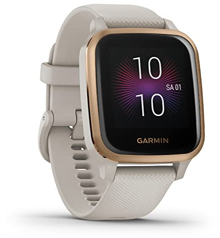 Garmin Venu Sq Music Edition, GPS Smartwatch, Rose Gold with Light Sand Silicone Band (Renewed)