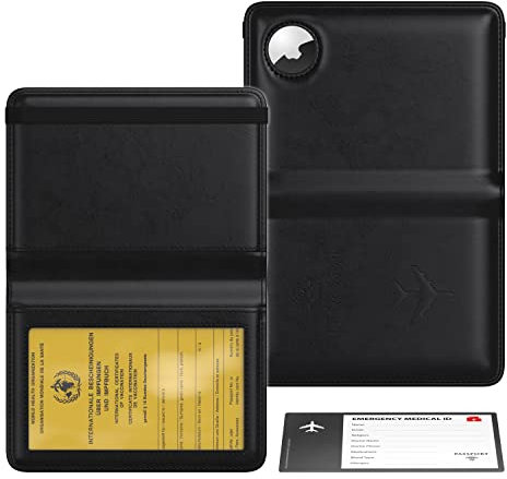 Couverture de Passeport Porte de Vaccination Stouchi Airtag Portefeuilles de Passeport, Porte Passeport en Similicuir Étui de Protection pour Femmes Hommes Documents de Voyage Cadeau Porte Cartes Noir
