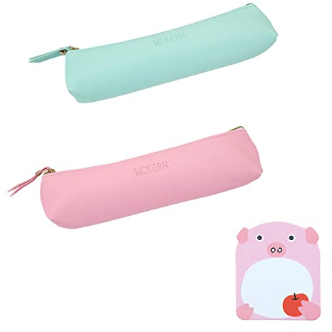 BEIIEB 2 Piezas Estuche de lápices de Cuero de Bolsa de papelería con 20 Notas Adhesivas, para papelería, Pinceles de Maquillaje, artículos de tocador, Adecuado para niños y niñas (Verde, Rosa)