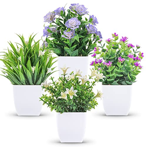 Der Rose 4 Pack Small Fake Plants Mini Artificial Faux Plants with Flowers for Home Room Farmhouse Bathroom Decor Indoor