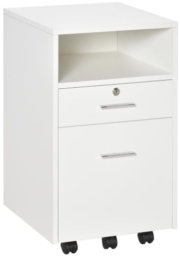 Vinsetto Rollcontainer Aktenschrank mit 1 Regal 2 Schubladen abschließbarer Büroschrank mit Rollen für Hängeakten und Din-A4-Ordner bis 30 kg für Büro Arbeitszimmer Weiß 39 x 40 x 65 cm