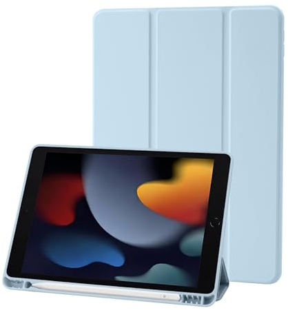Case Compatible with iPad 9th/8th/7th Generation, Premium PU Leather + Soft TPU Back Case with Pencil Holder, Auto Sleep/Wake 10.2 Inch iPad Case Cover 2021/2020/2019 (Sky Blue)